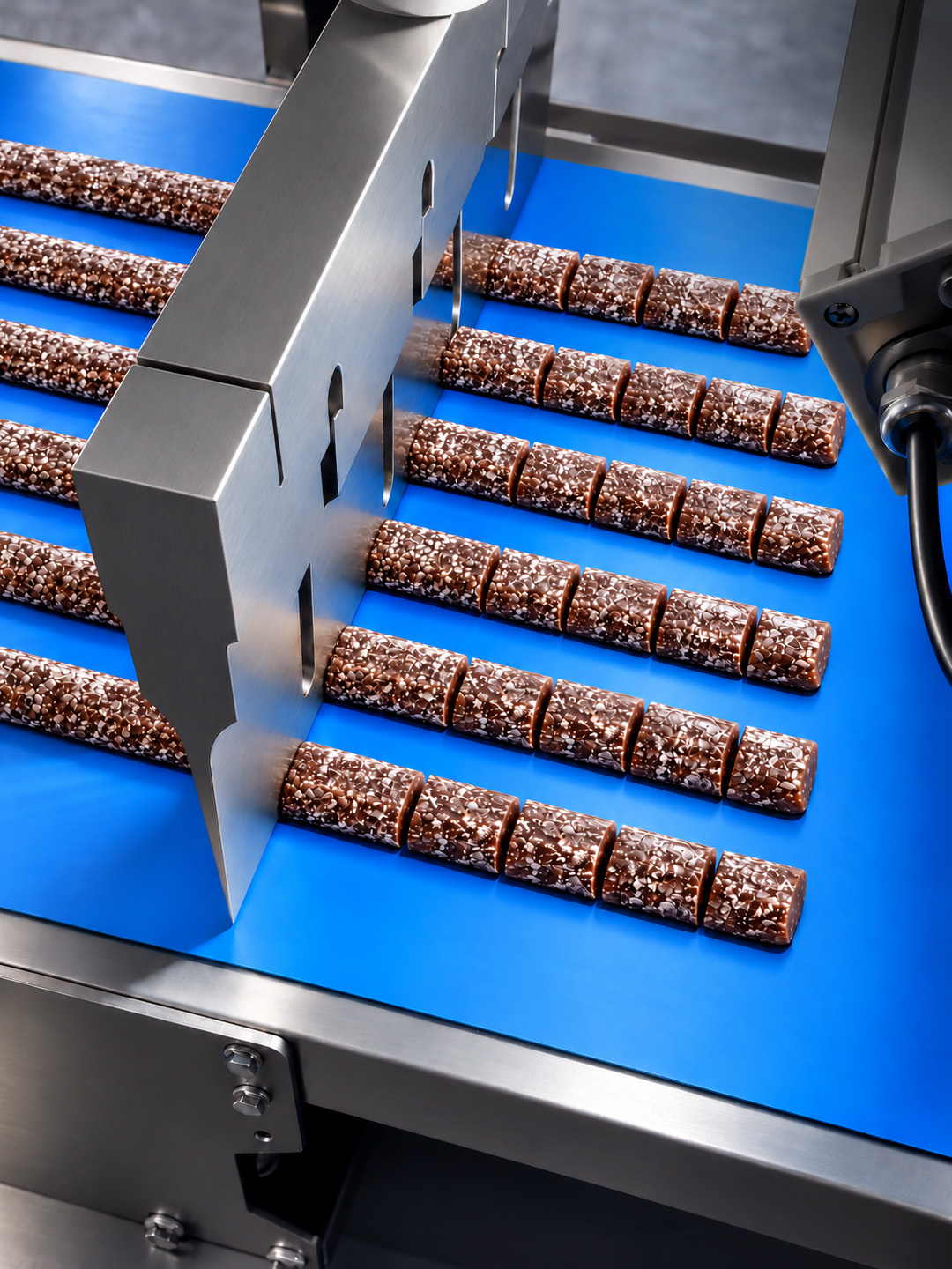 Ultrasonic confectionery cutting machine cutting chocolate-colored bars